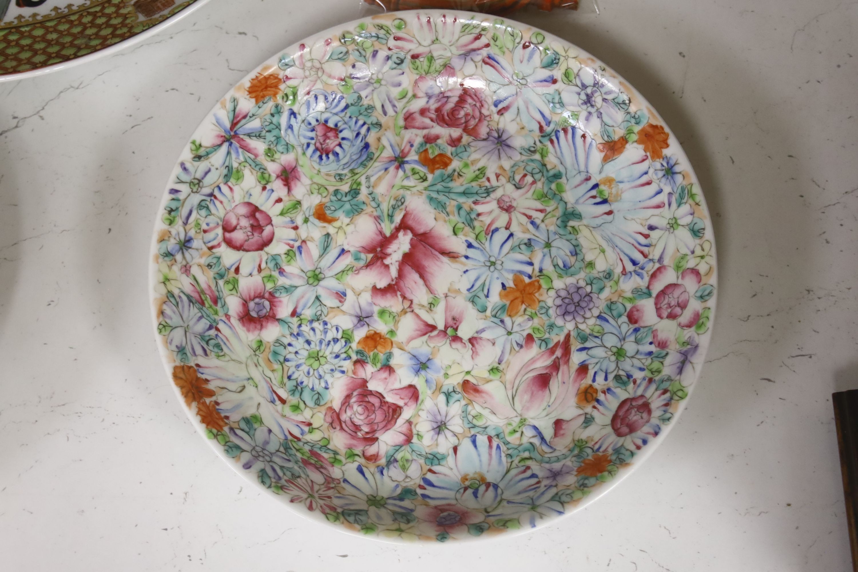 Two Chinese ‘millefleur’ dishes, a turquoise ground ‘Dragon’ dish Guangxu mark and period, a late 19th century famille rose jar etc.